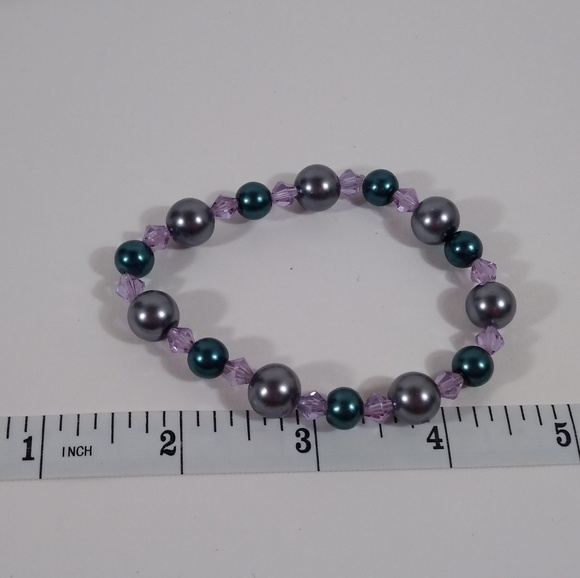 Bracelet Metallic Blue Gray Purple Beads Stretch - Picture 3 of 3